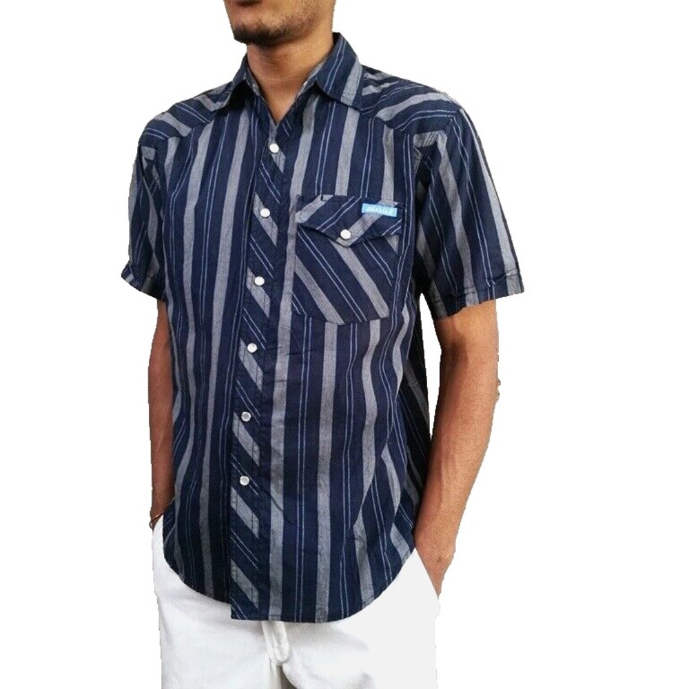 Vtg Dickies Pearl Snap Shirt Mens L Blue Gray Short Sleeve Workwear Rockabilly